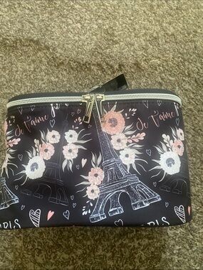 Black Eiffel Tower Floral Cosmetic Bag with Pink Accents
